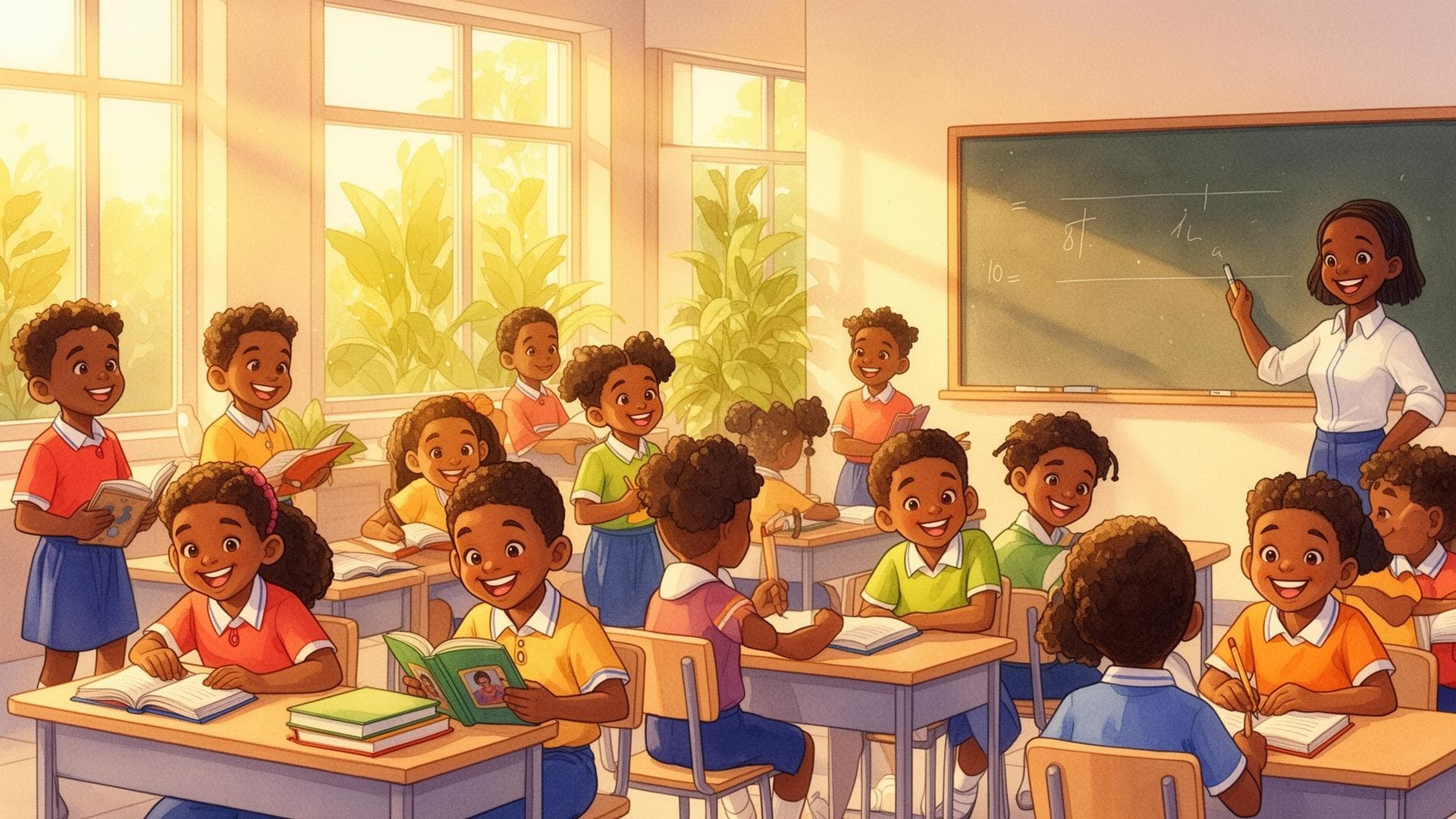 Nigerian school children learning joyfully in a bright classroom